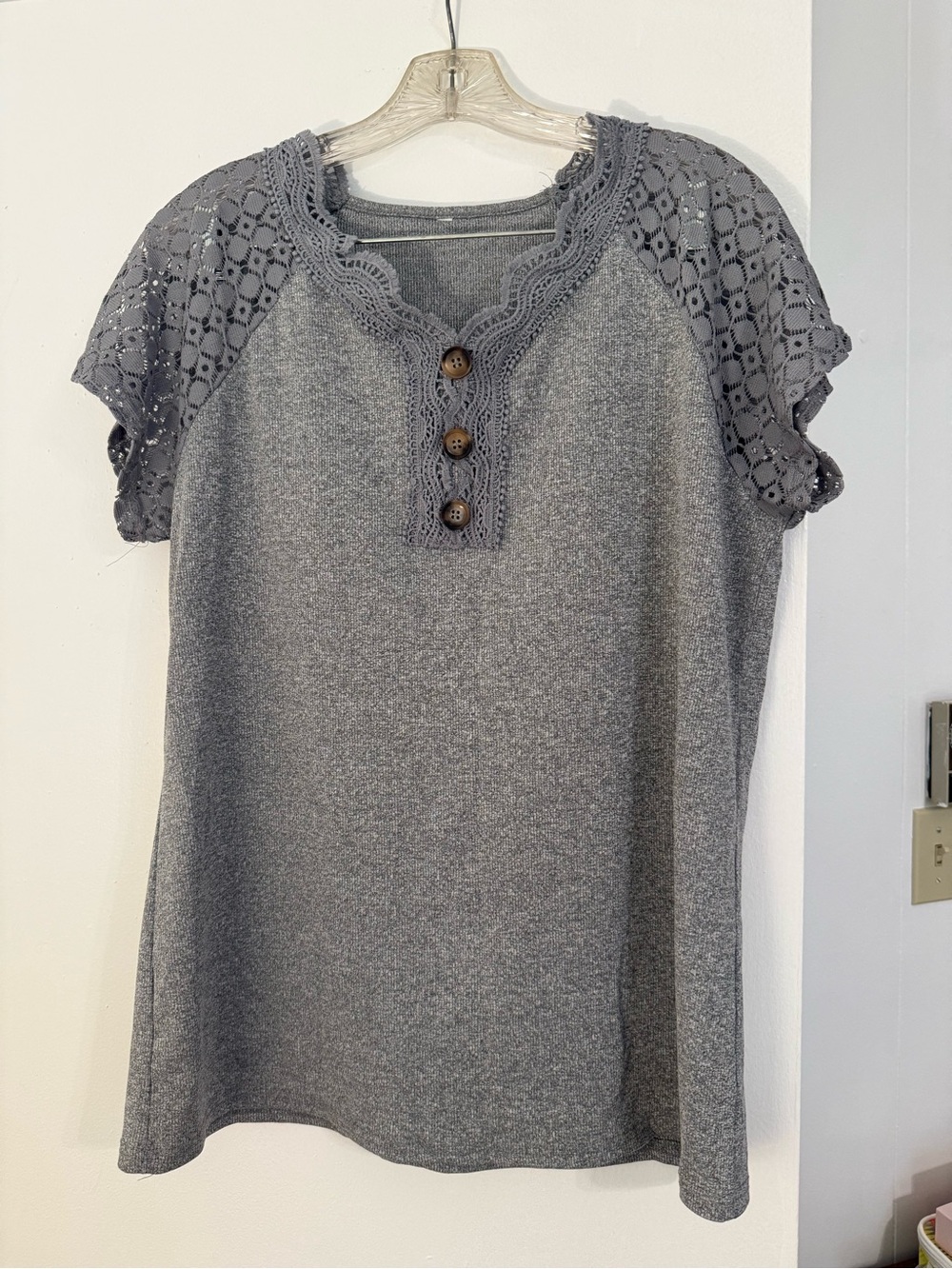 Gray Lace-Sleeve Knit Henley Top